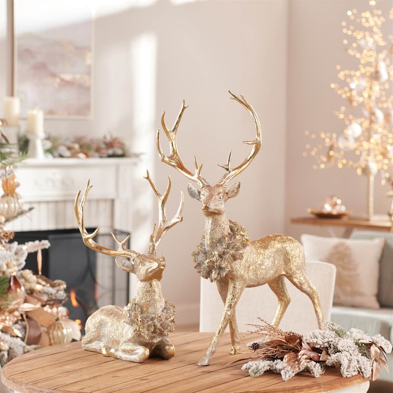 Festive Deer Figurines Set of 2 with Holly Wreaths for Christmas Display