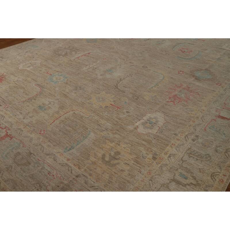 Hand Knotted Oriental 100% Wool Carpet Transitional All-Over Brown Oushak Area Rug - 13' 9'' X 10' 3''