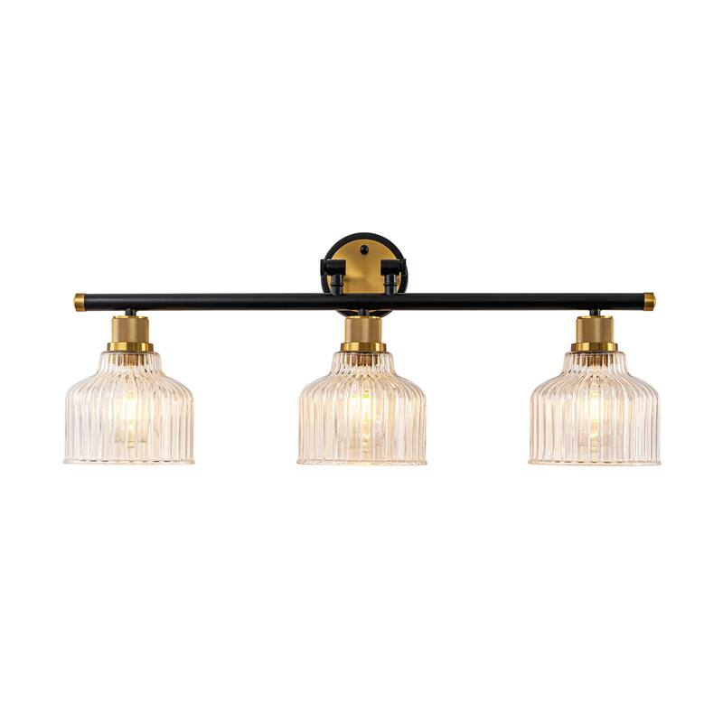 3-Light Modern Black and Gold Dimmable Bathroom Light Fixtures with Textured Glass Shade