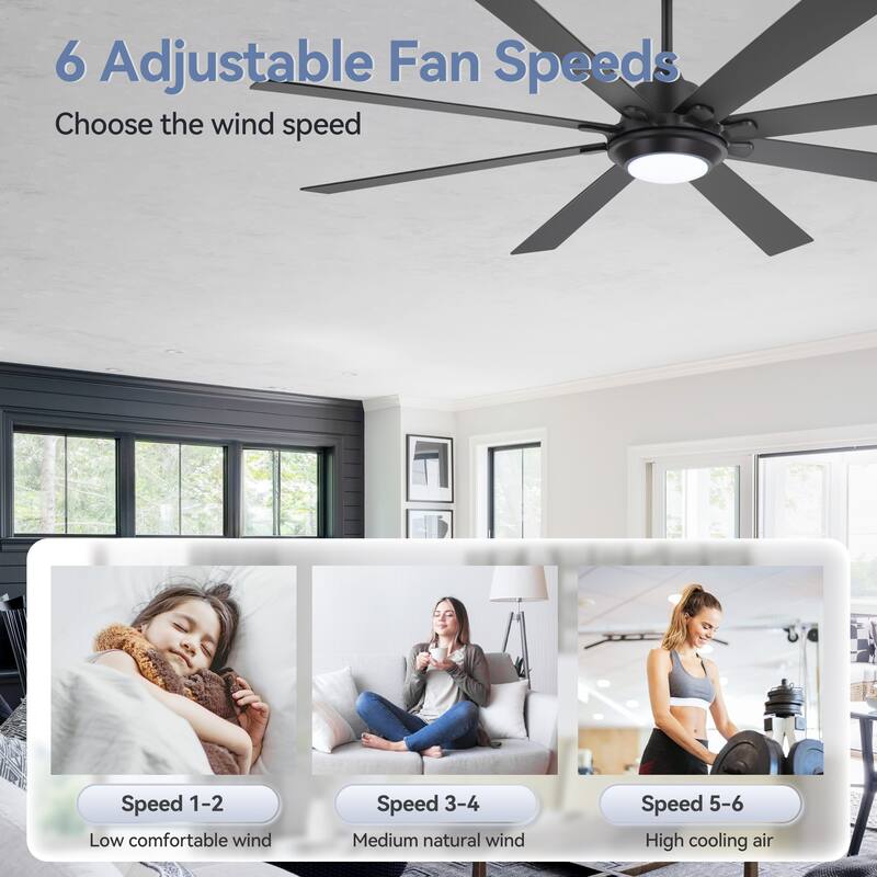 65"/72" Modern Black LED Ceiling Fan with Light Remote (8 Reversible Blades)