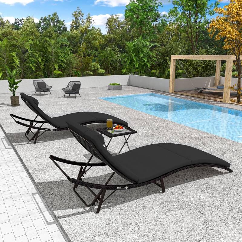 3-Pieces Wicker Outdoor Chaise Lounge Set w/ Two Foldable Lounge Chairs and one Side Table