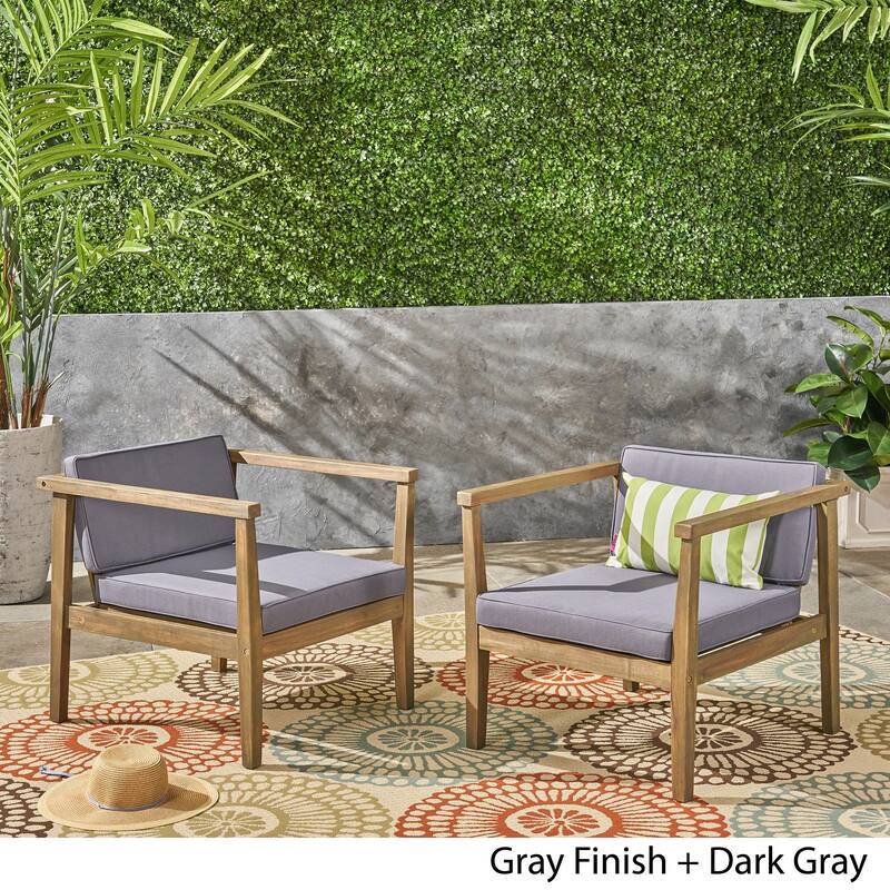 Newbury Outdoor Acacia Wood Club Chairs with Cushions (Set of 2) by Christopher Knight Home - gray + dark gray cushion