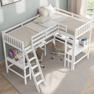 Wood Twin Size L-Shaped Loft Bed with Ladder and 2 Built-in L-Shaped Desks, White