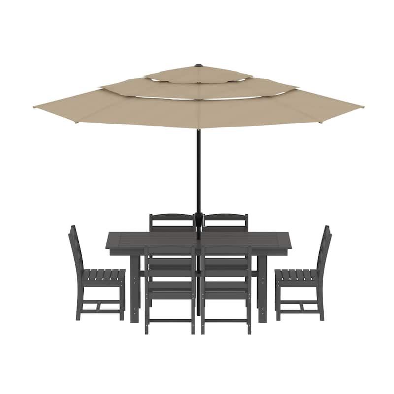 Outdoor Dining Table and Chair Set: HDPE Material, Wood - Grain Design