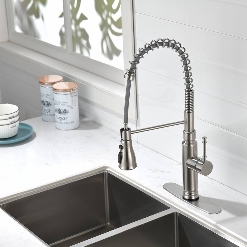 Spring Kitchen Faucet, Single Level Handle and Pull Down Sprayer