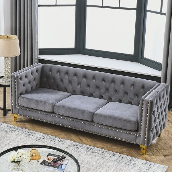 Grey couch with buttons discount
