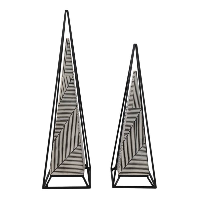 Iron Wood Pyramid Sculpture Geometric Design (Set of 2) - 26/21" Multi - 7" x 7" x 26"