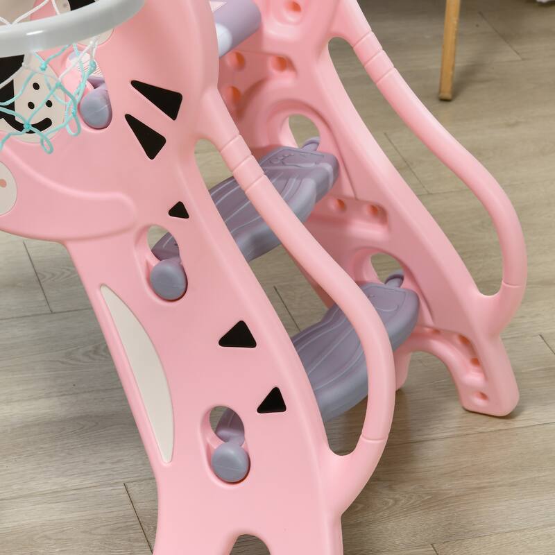 Kids Cartoon Pattern PE Indoor Slide with Basketball Hoop and Climber for Ages 18-36 Months - 52.25" L x 23.5" W x 27.5" H