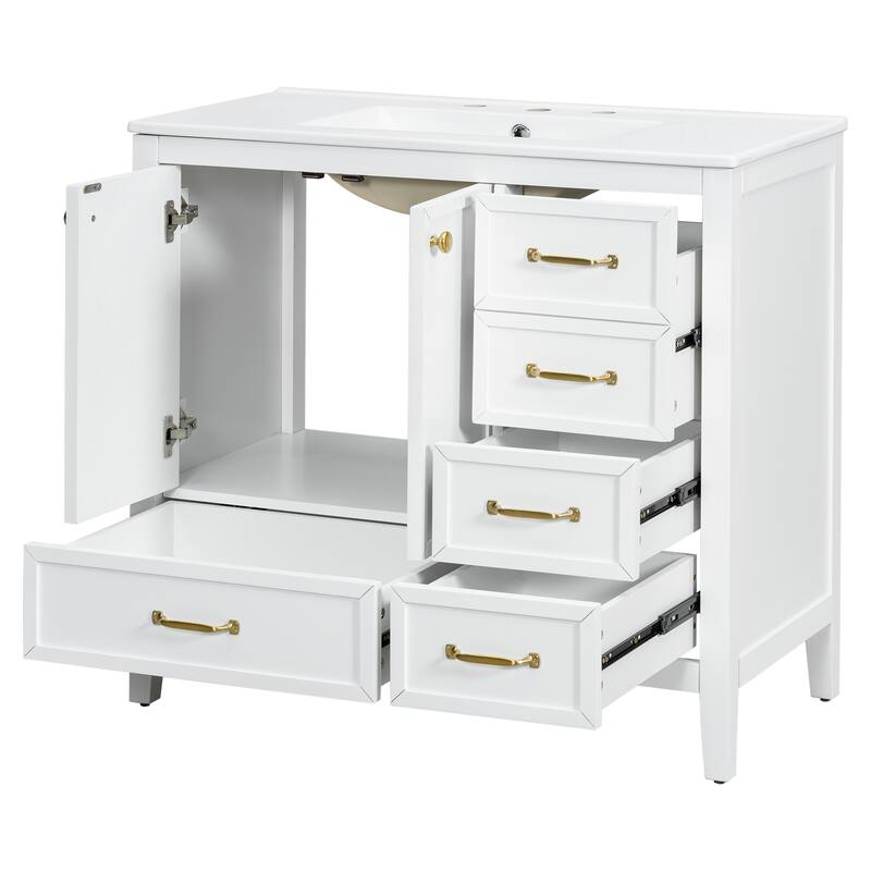 36" Bathroom Vanity with Sink, Bathroom Cabinet with Soft-Closing Door, 4 Drawers of Different Sizes, Solid Wood Frame and Leg