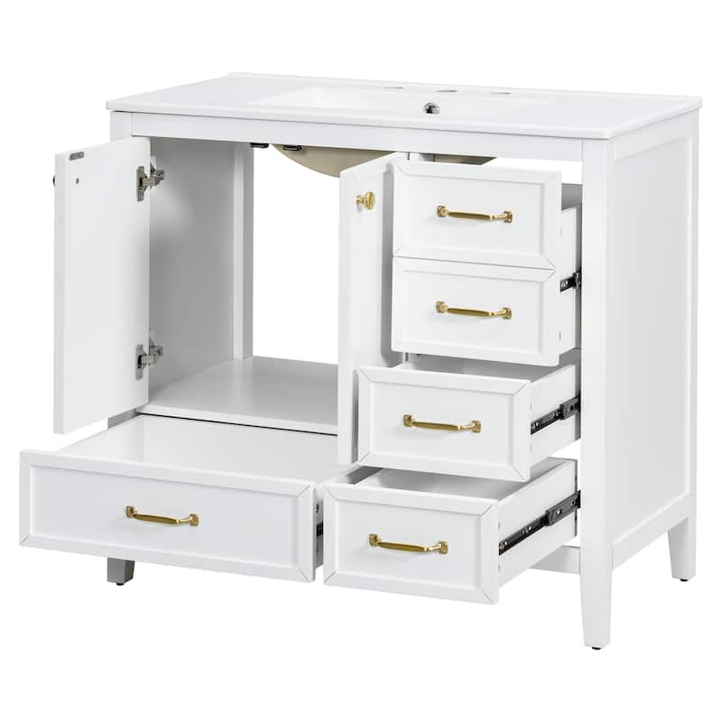Roomfitters Bathroom Vanity with Sink, Cabinet with Soft-closing Door and Four Drawers of Varying Sizes, Solid Wood Frame