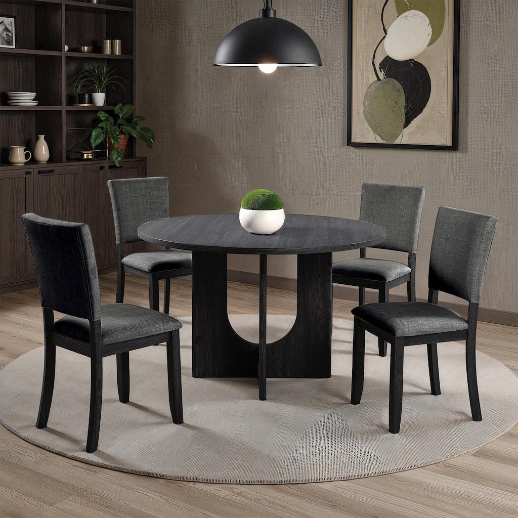 Elegant 5pc Dining Set Round Table and Upholstered Chairs Gray Finish