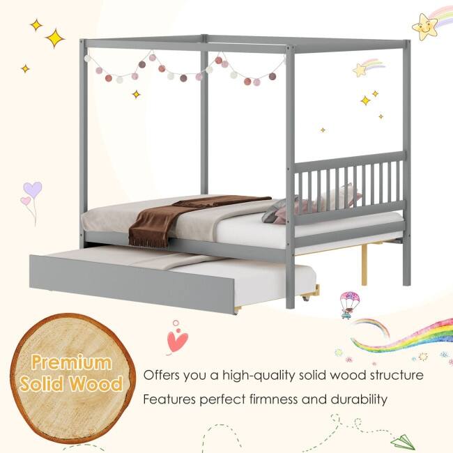 Full Size Canopy Bed with Trundle Wooden Platform Bed Frame Headboard