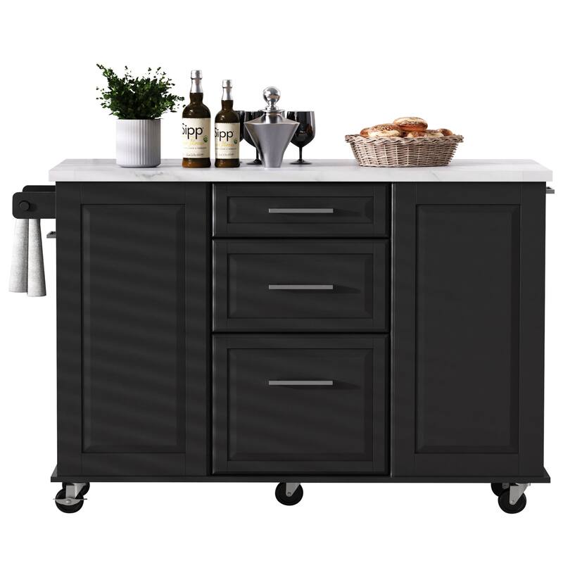 Marble Wood Top Dining Table, Rolling Kitchen Island withTilt Trash Can, Kitchen Cabinet with Drop Leaf Counter
