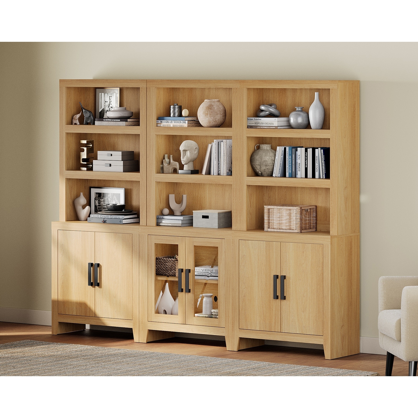 WAMPAT Tall Bookshelf with Doors, Farmhouse Bookcase with Open Shelves for Living Room & Home Office