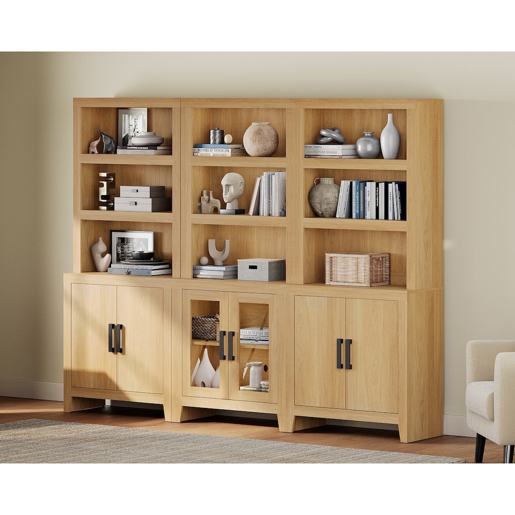 WAMPAT Tall Bookshelf with Doors, Farmhouse Bookcase with Open Shelves for Living Room & Home Office