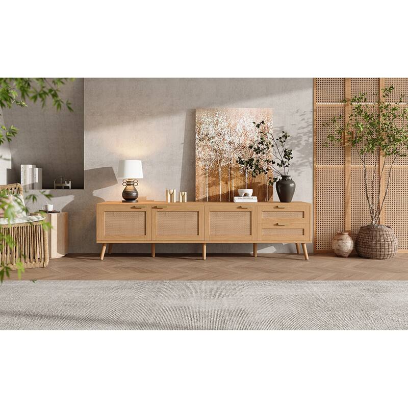 Roomfitters 70 Inch Rattan TV Stand for TVs up to 80 Inch, Modern Media Console with 2 Drawers & Cable Management, Natural