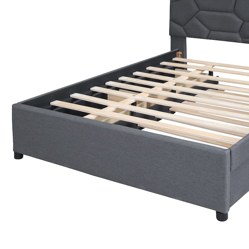 Full Linen Platform Bed with Trundle, Drawers, and Brick Headboard