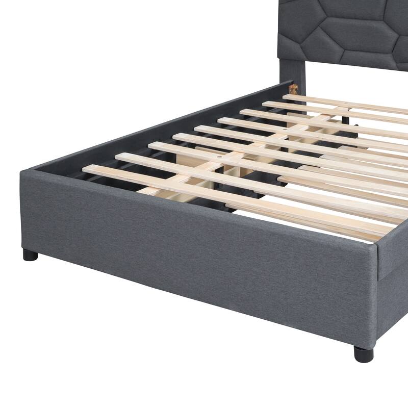 Full Upholstered Platform Bed with Brick Headboard, Twin Trundle, 2 Drawers, Gray Linen Fabric