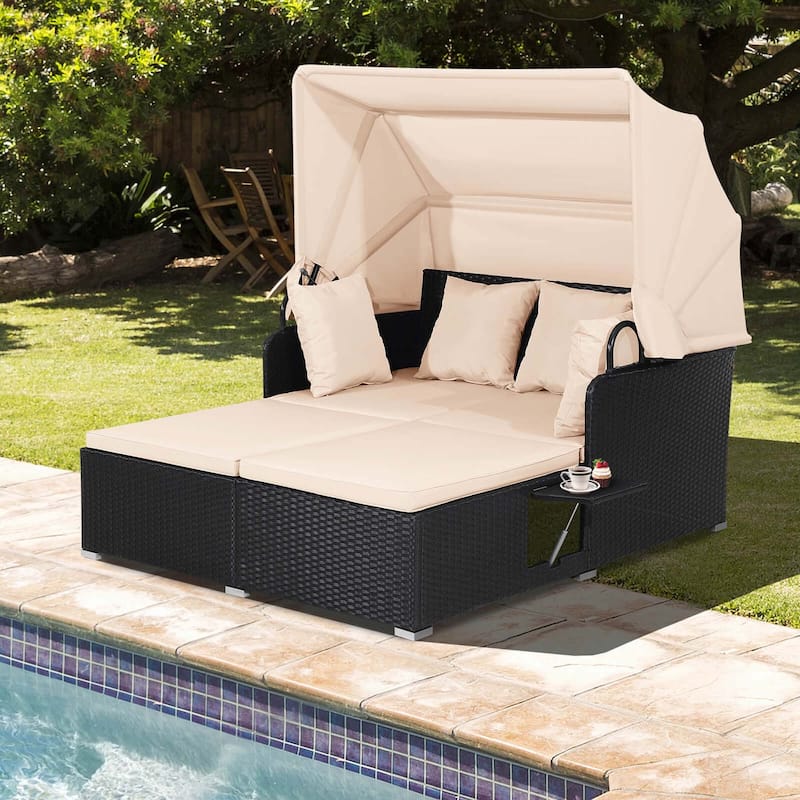 Costway Patio Rattan Daybed Lounge Retractable Top Canopy Side Tables - See Details