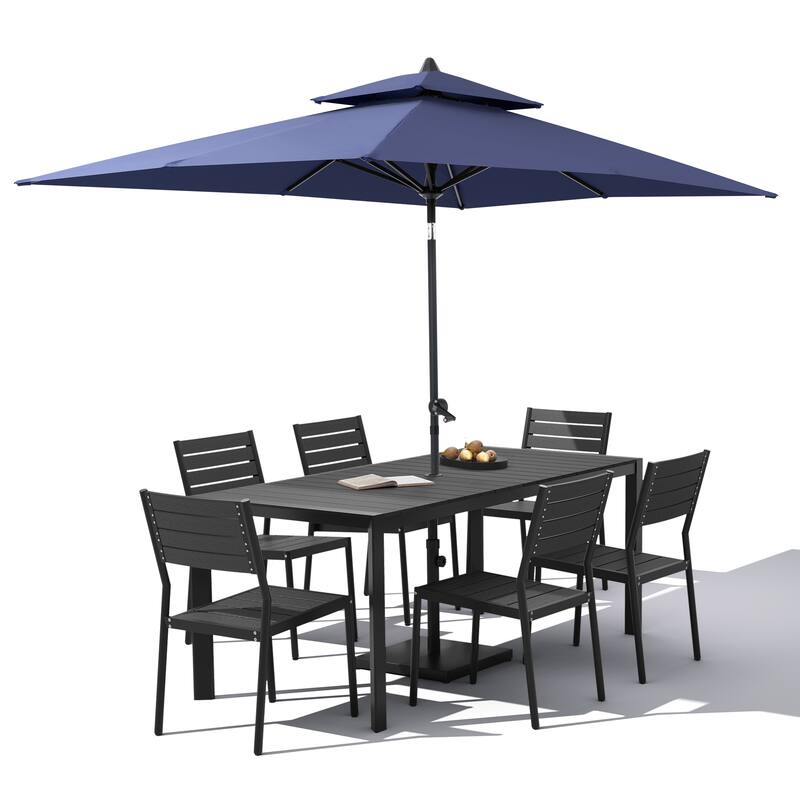 Set of 9 Outdoor Patio Dining Set WoodLike Aluminum Umbrella Hole Table with Stackable Chairs, Market Umbrella Set