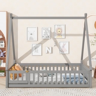 Full Size Teepee Tent-Shaped Floor Bed with Guardrails and Slats, No Box Spring Required
