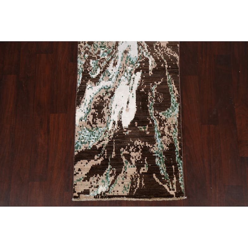 Wool/ Silk Abstract Vegetable Dye Oriental Runner Rug Hand-knotted - 2'7" x 10'2"