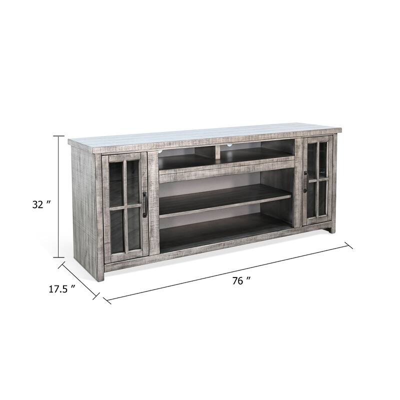 Leyla TV Stand Media Cabinet, 2 Glass Doors, Shelves, Gray Wood 76 Inch