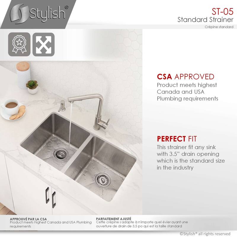 STYLISH 3.5 Inch Stainless Steel Kitchen Sink Strainer with Removable Basket - Fits Standard 3.5" drain Opening.