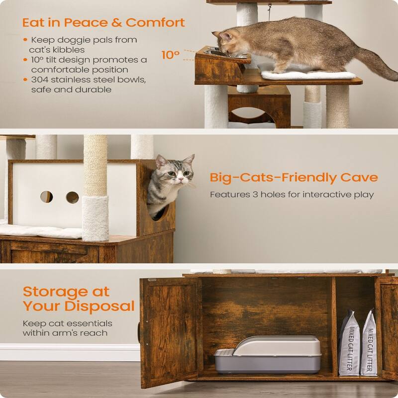 66.9-Inch Cat Tower with Litter Box Enclosure and Comfortable Removable Cushions