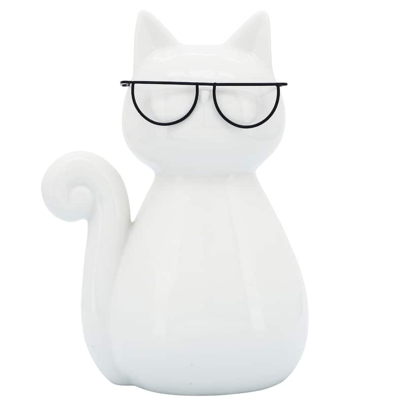 Sagebrook Home Porcelain Cat Statue White Kitty with Glasses Decorative Sculpture - 5" x 4" x 7"