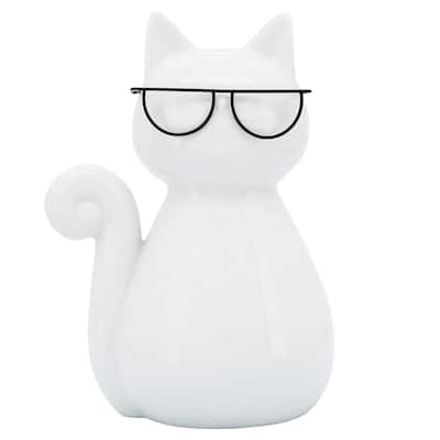 Sagebrook Home Porcelain Cat Statue White Kitty with Glasses Decorative Sculpture