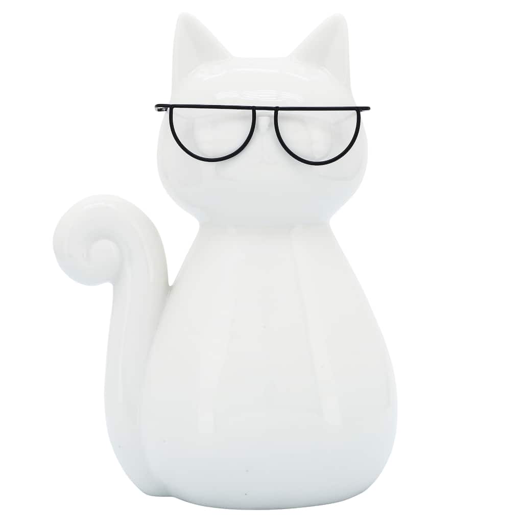 Sagebrook Home Porcelain Cat Statue White Kitty with Glasses Decorative Sculpture