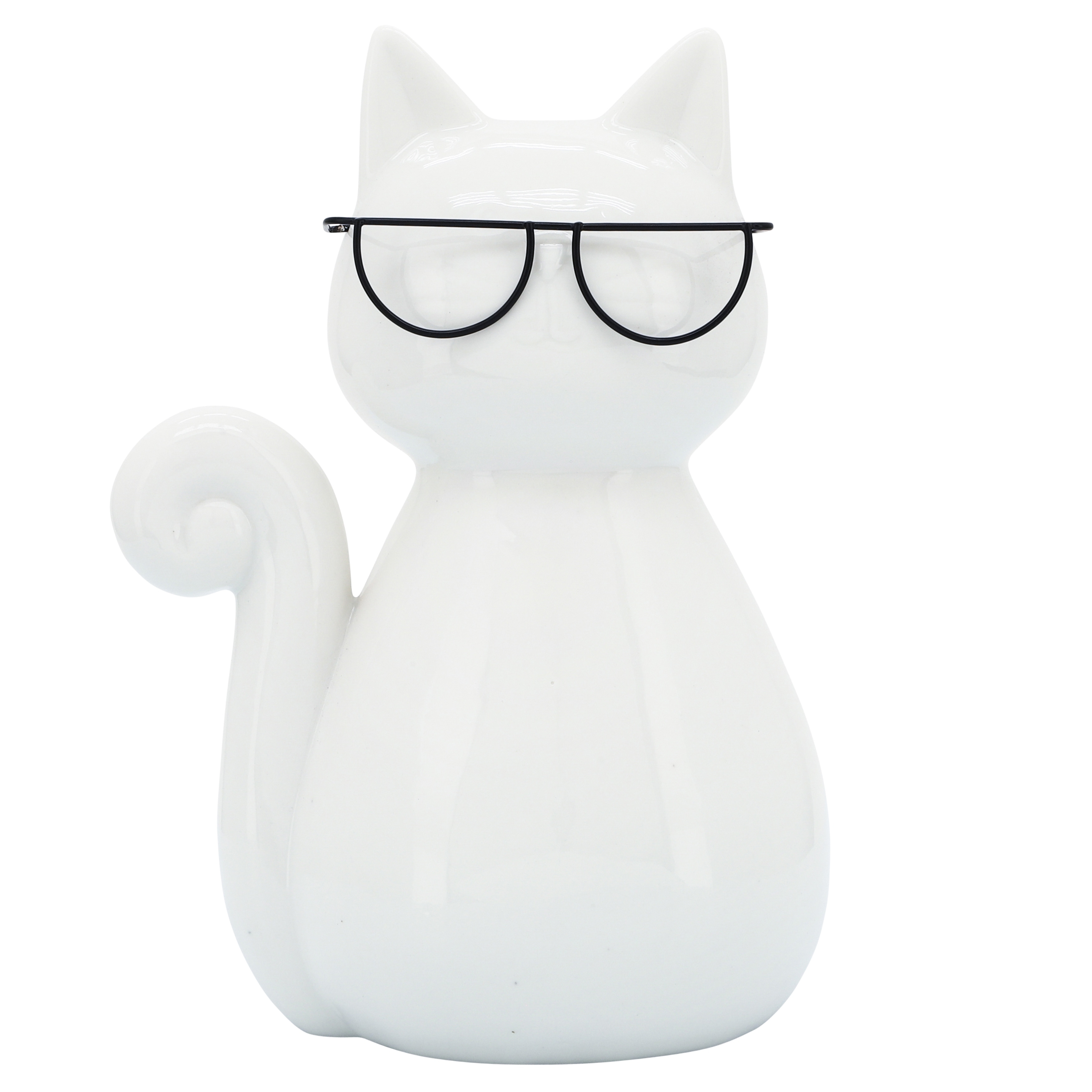 Sagebrook Home Porcelain Cat Statue White Kitty with Glasses Decorative Sculpture
