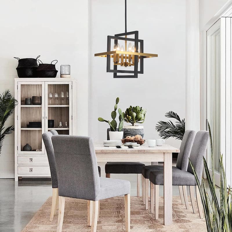 12.99" Wide 6-Light Semi Flush Mount Chandelier, Industrial Style Square Open Frame Pendant Light for Living Room