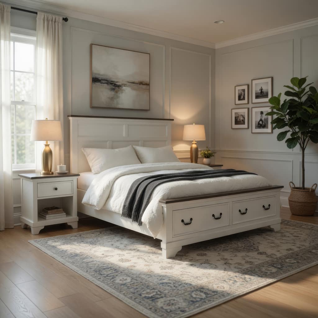 Hamps King Size Bed, 2 Drawers, White and Dark Brown Solid Wood Frame