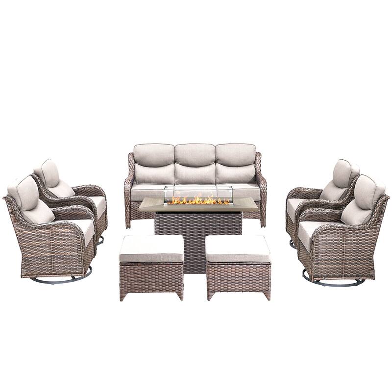 Pocassy 8 Pieces Outdoor 6 Inch Sofa Swivel Chair Ottoman with Fire Table