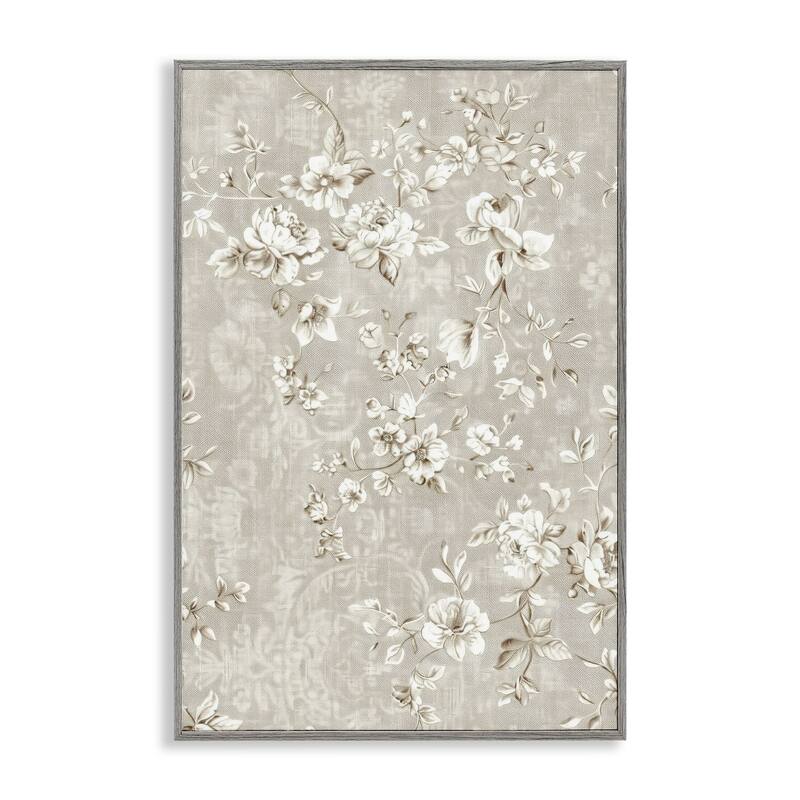 Stupell White Flowers over Damask Framed Giclee Art Design By LSR Creative Studio - 12 x 18 - Grey