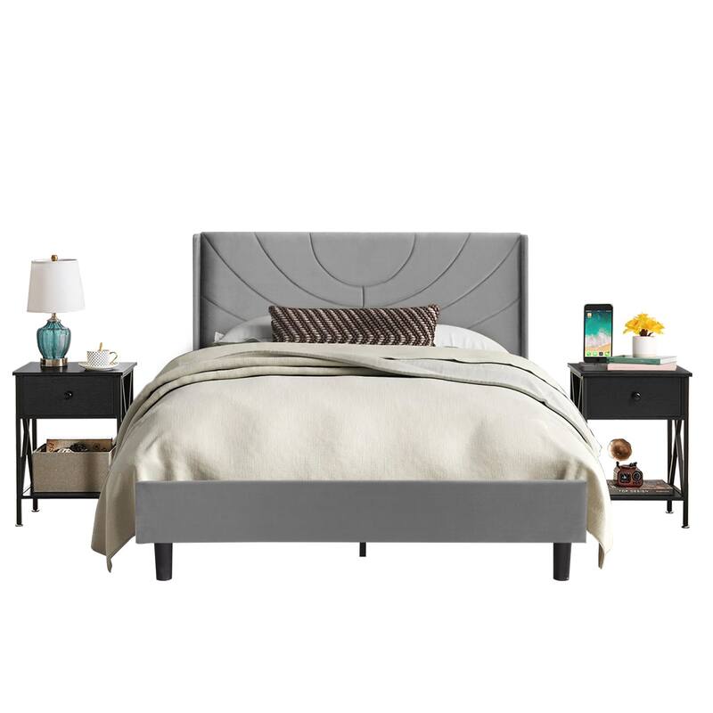 VECELO Bedroom Sets 3-pieces Bedroom Set with Height Adjustable Upholstered Bed and Nightstands Set of 2