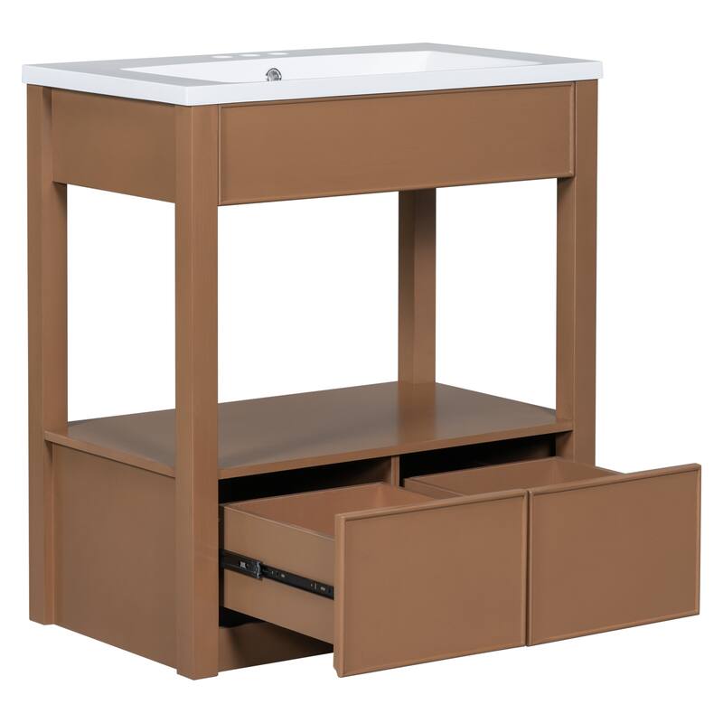 Modern 30-Inch Bathroom Vanity with Ceramic Sink, Open Storage Shelf, and Two Drawers, Brown