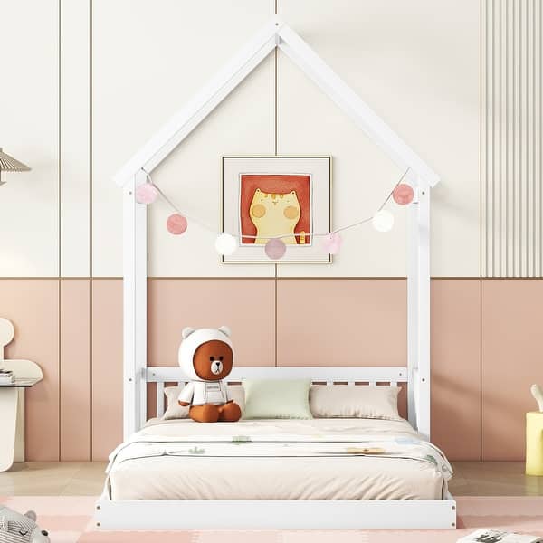 slide 2 of 10, White Kids Bed Frame Full Size Safety Floor Bed White - Full