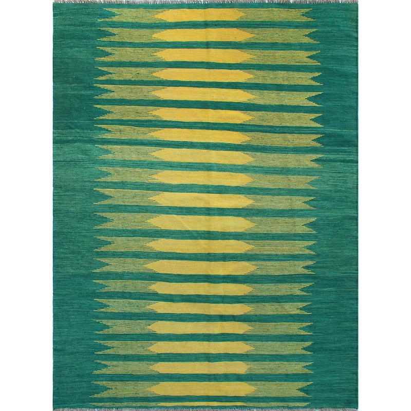 Modern Flatweave Baki Green/Gold Rug - 5'7" x 7'11"