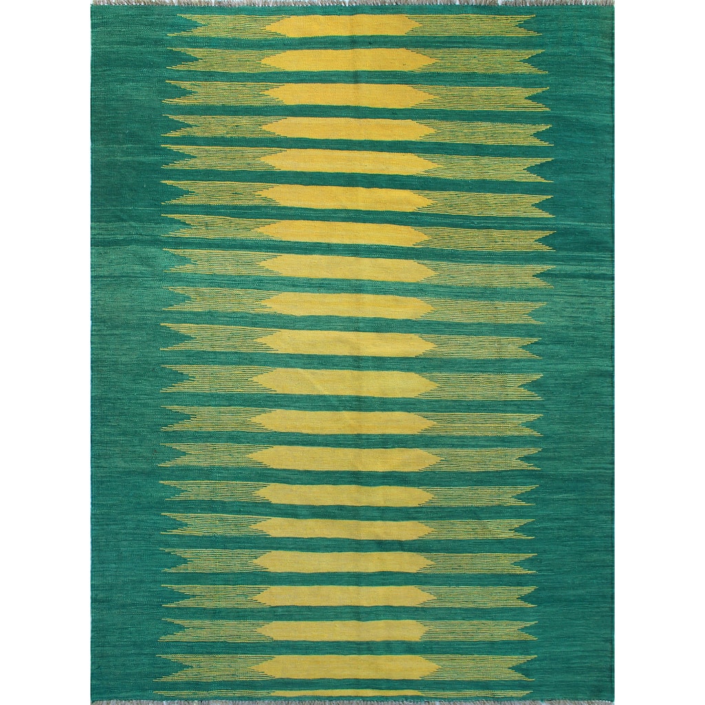 Modern Flatweave Baki Green/Gold Rug - 5'7" x 7'11"