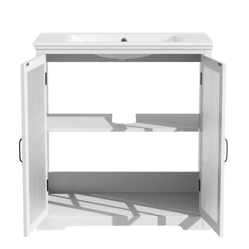 30" Bathroom Vanity with Ceramic Sink, Bathroom Vanity Cabinet with Tempered Blurred Glass and Large Storage Space