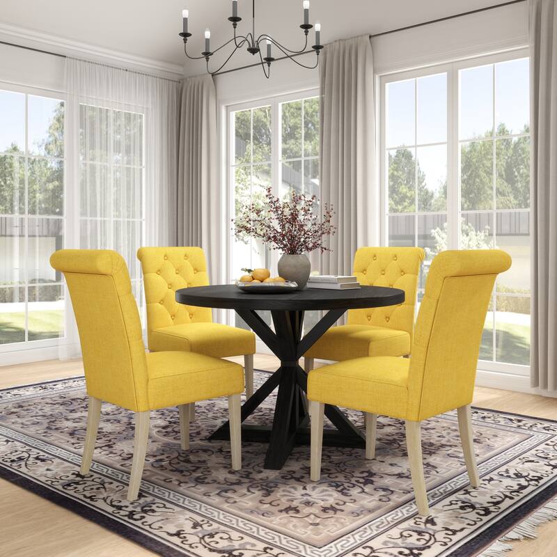 Contemporary 5-Piece Dining Set with Round Table and Button-Tufted Chairs - Solid Wood Construction for Lasting Durability