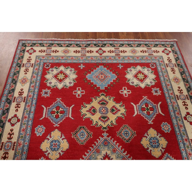 Red Geometric Kazak Oriental Area Rug Dining Room Handmade Wool Carpet - 5'6" x 7'10"
