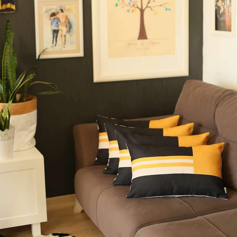 HomeRoots Set Of Four 20" X 12" Yellow Striped Zippered Handmade Polyester Lumbar Pillow