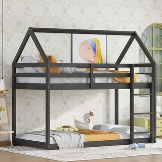 Twin over Twin Rubber Wood Floor Bunk Bed with Ladder & Guardrails, Black