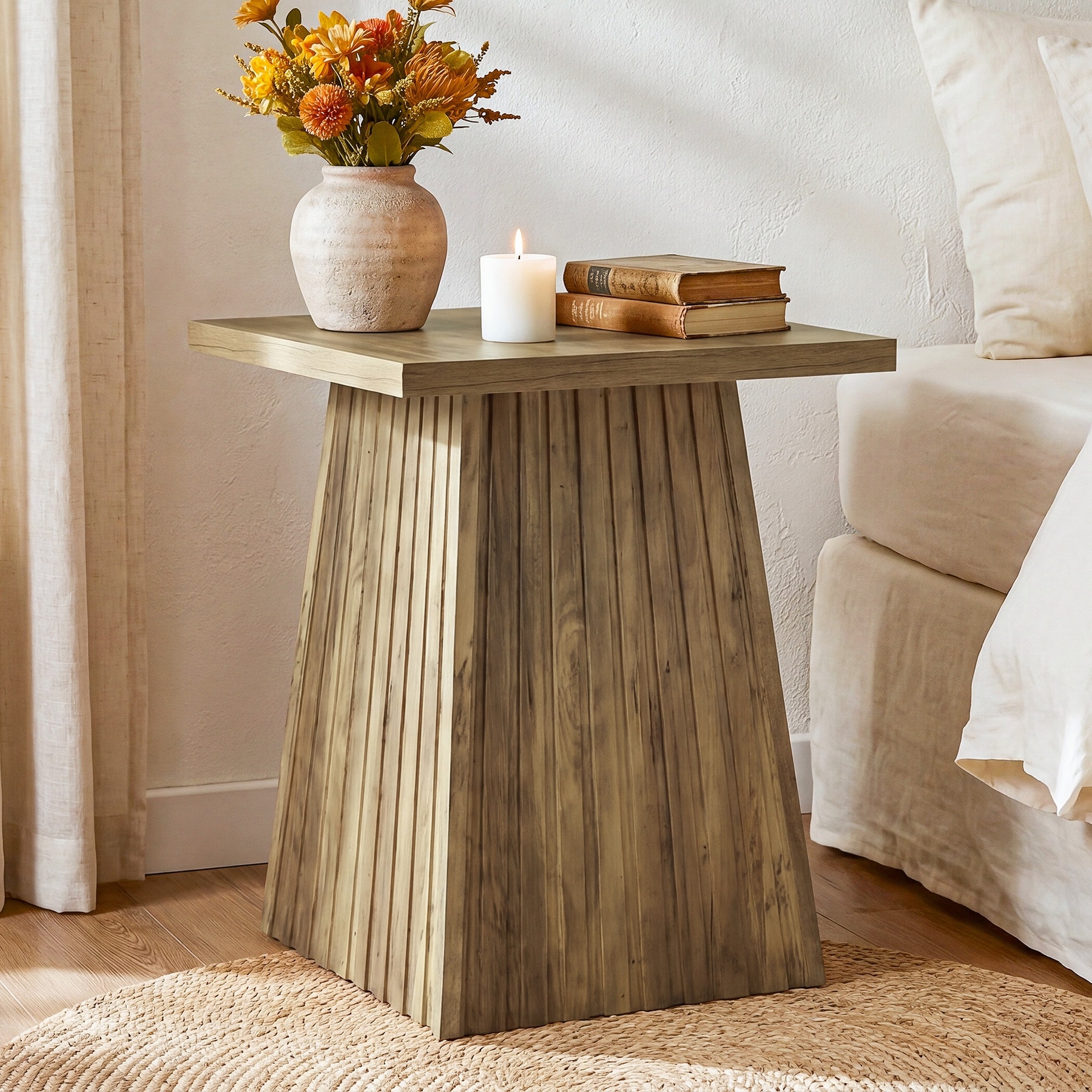 Modern Square Side Table, Fluted Base Small Nightstand for Bedroom & Living Room