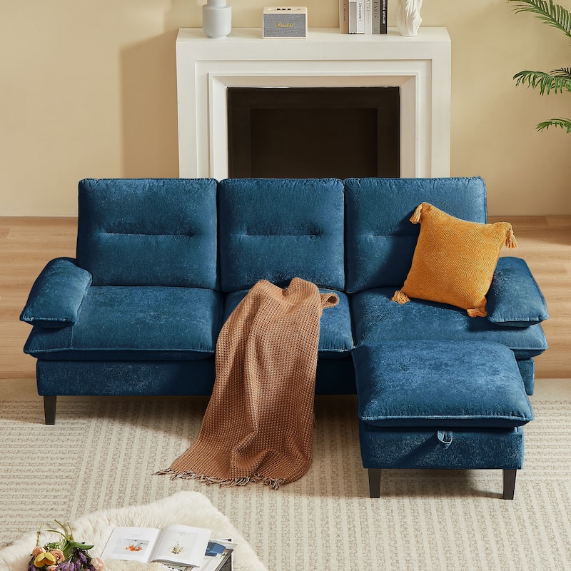 86.22" Chenille L Shaped Sofa With Ottoman