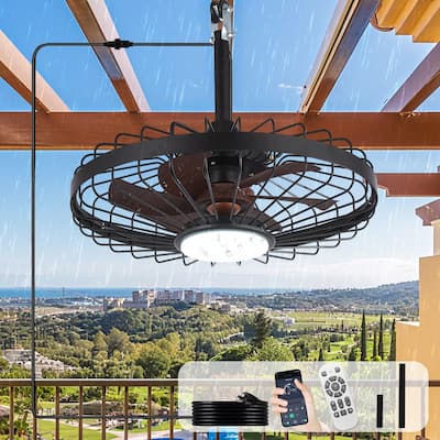 Outdoor Ceiling Fan with Light: 20 Inch Waterproof Gazebo Hanging - Plug in Remote App Control Caged Fans - 6 Speed Black